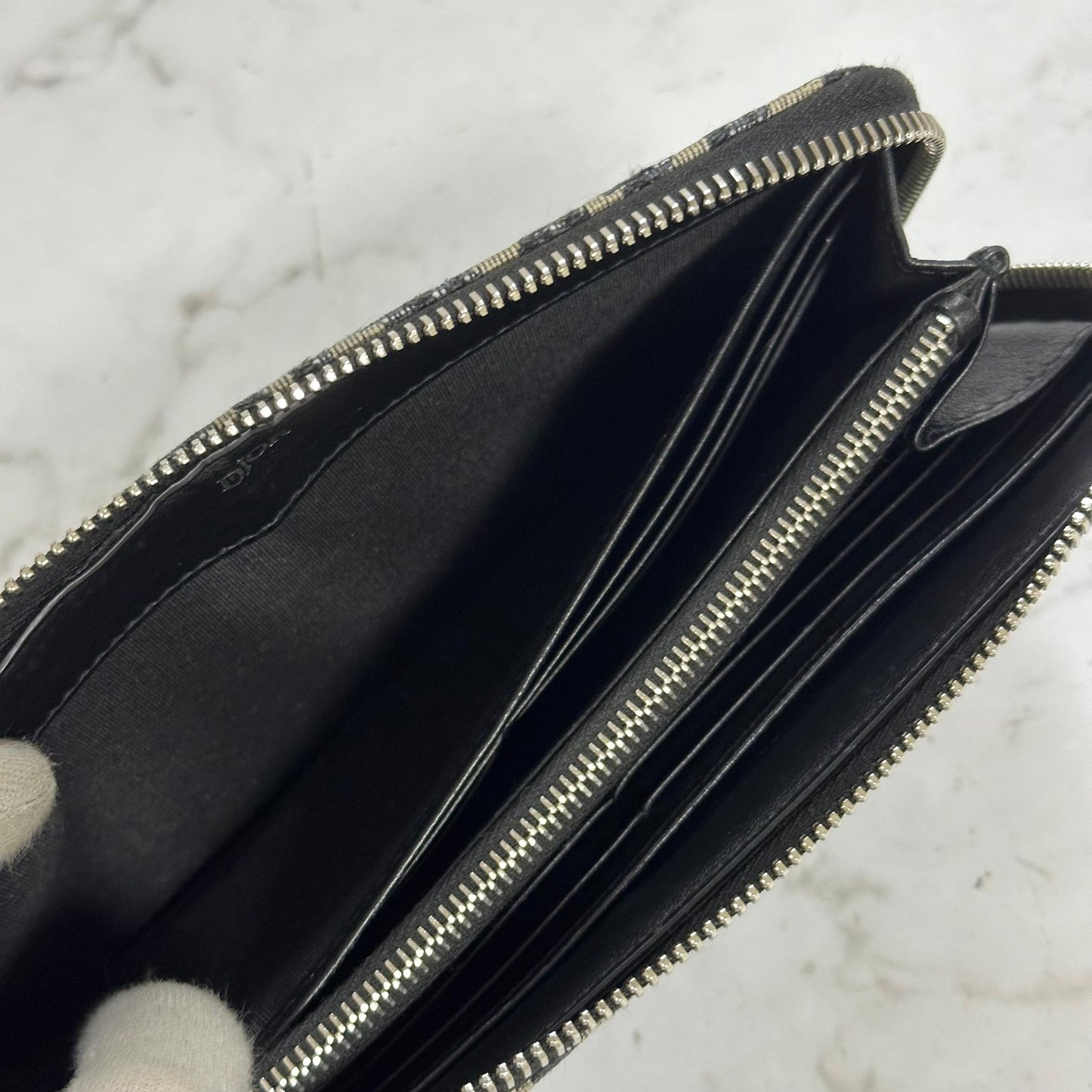 Christian Dior Wallet Oblique Round Zip Long Purse Leather Canvas Beige Black