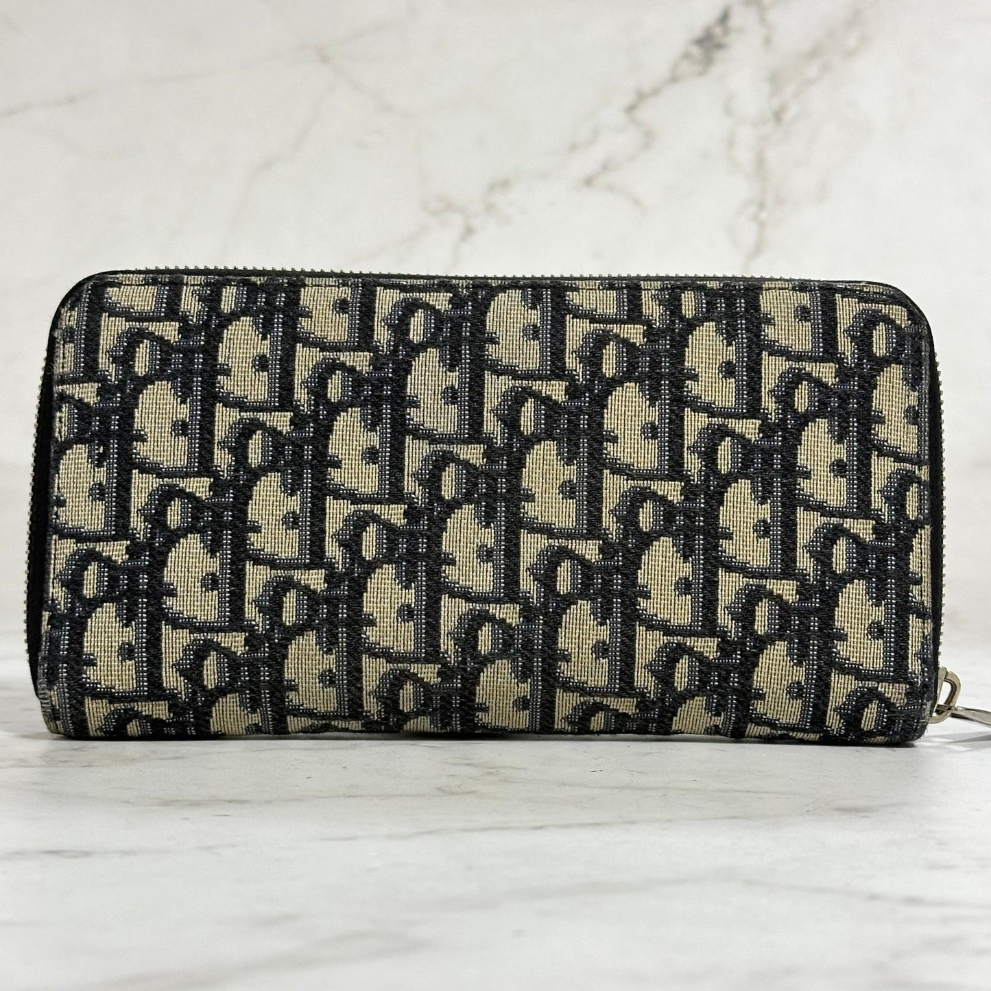 Christian Dior Wallet Oblique Round Zip Long Purse Leather Canvas Beige Black