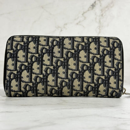Christian Dior Wallet Oblique Round Zip Long Purse Leather Canvas Beige Black