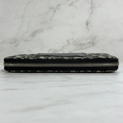 Christian Dior Wallet Oblique Round Zip Long Purse Leather Canvas Beige Black