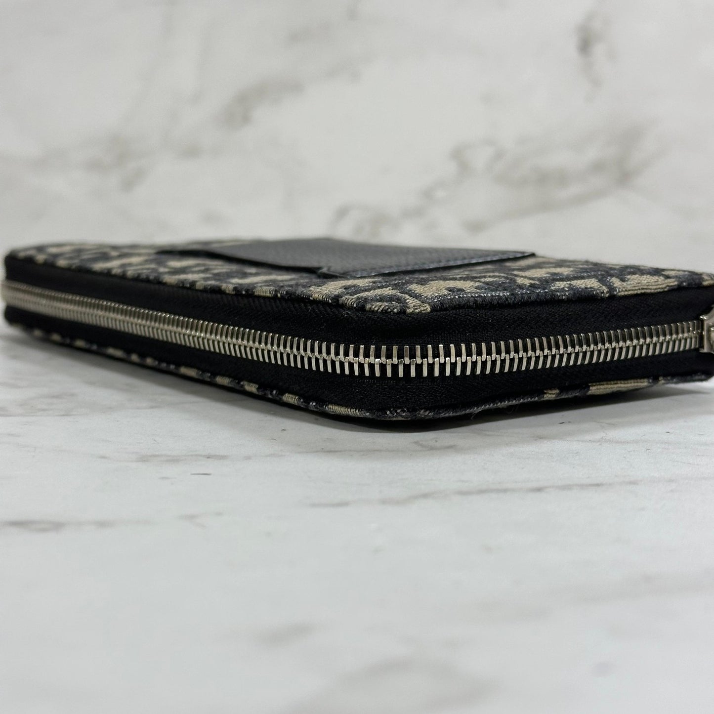 Christian Dior Wallet Oblique Round Zip Long Purse Leather Canvas Beige Black