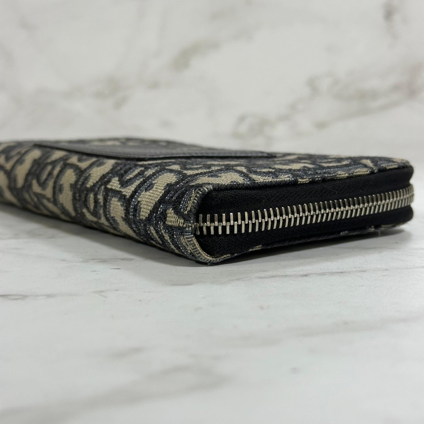 Christian Dior Wallet Oblique Round Zip Long Purse Leather Canvas Beige Black