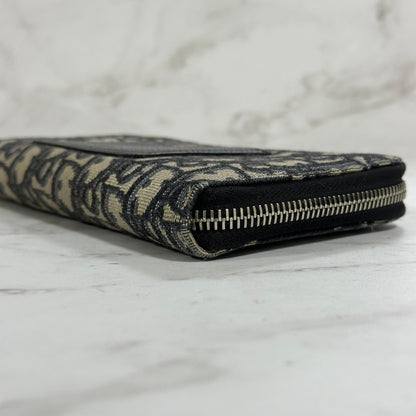 Christian Dior Wallet Oblique Round Zip Long Purse Leather Canvas Beige Black