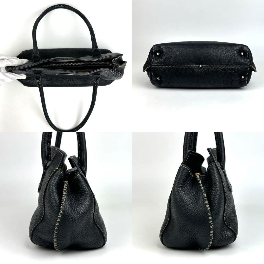 FENDI Hand Bag Tote Purse Selleria Leather Black Authentic