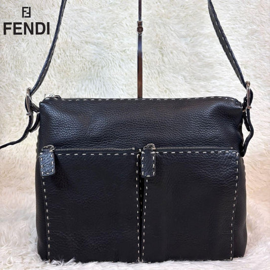 FENDI Shoulder Bag Purse Selleria Leather Black Authentic