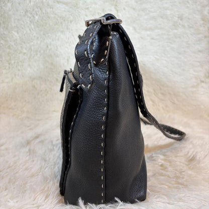 FENDI Shoulder Bag Purse Selleria Leather Black Authentic
