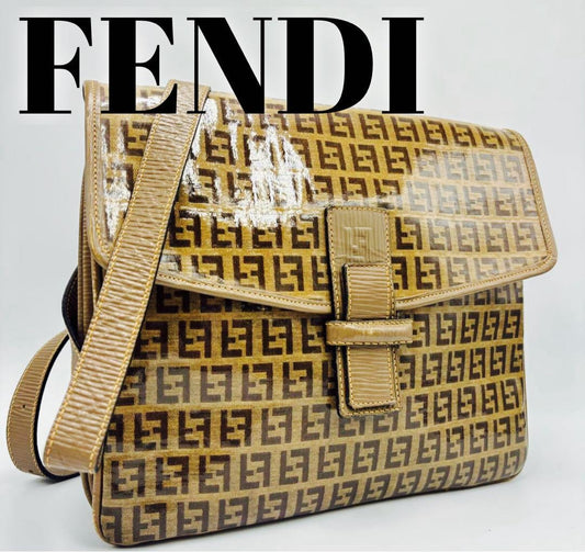 FENDI Shoulder Bag Purse FF Zucca PVC Beige Brown Authentic