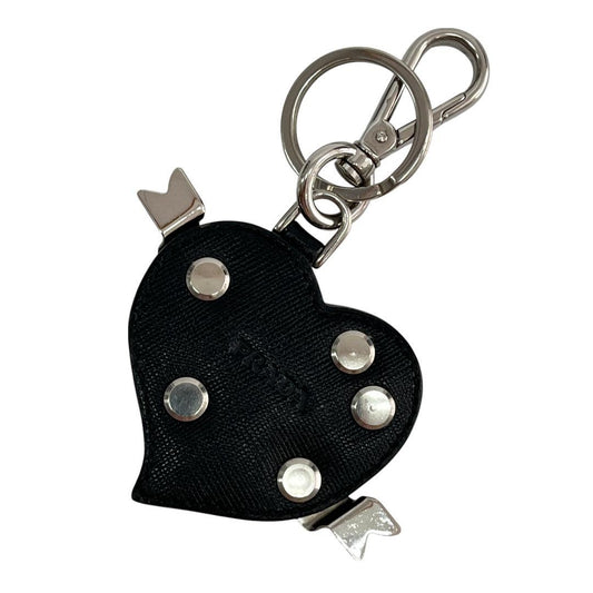 PRADA Key Ring Keychain Bag Charm Heart Leather Black Silver Authentic