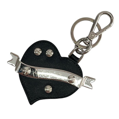 PRADA Key Ring Keychain Bag Charm Heart Leather Black Silver Authentic
