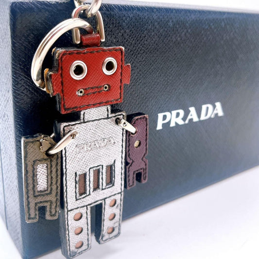 PRADA Key Ring Keychain Bag Charm Robot Leather Multicolor Authentic