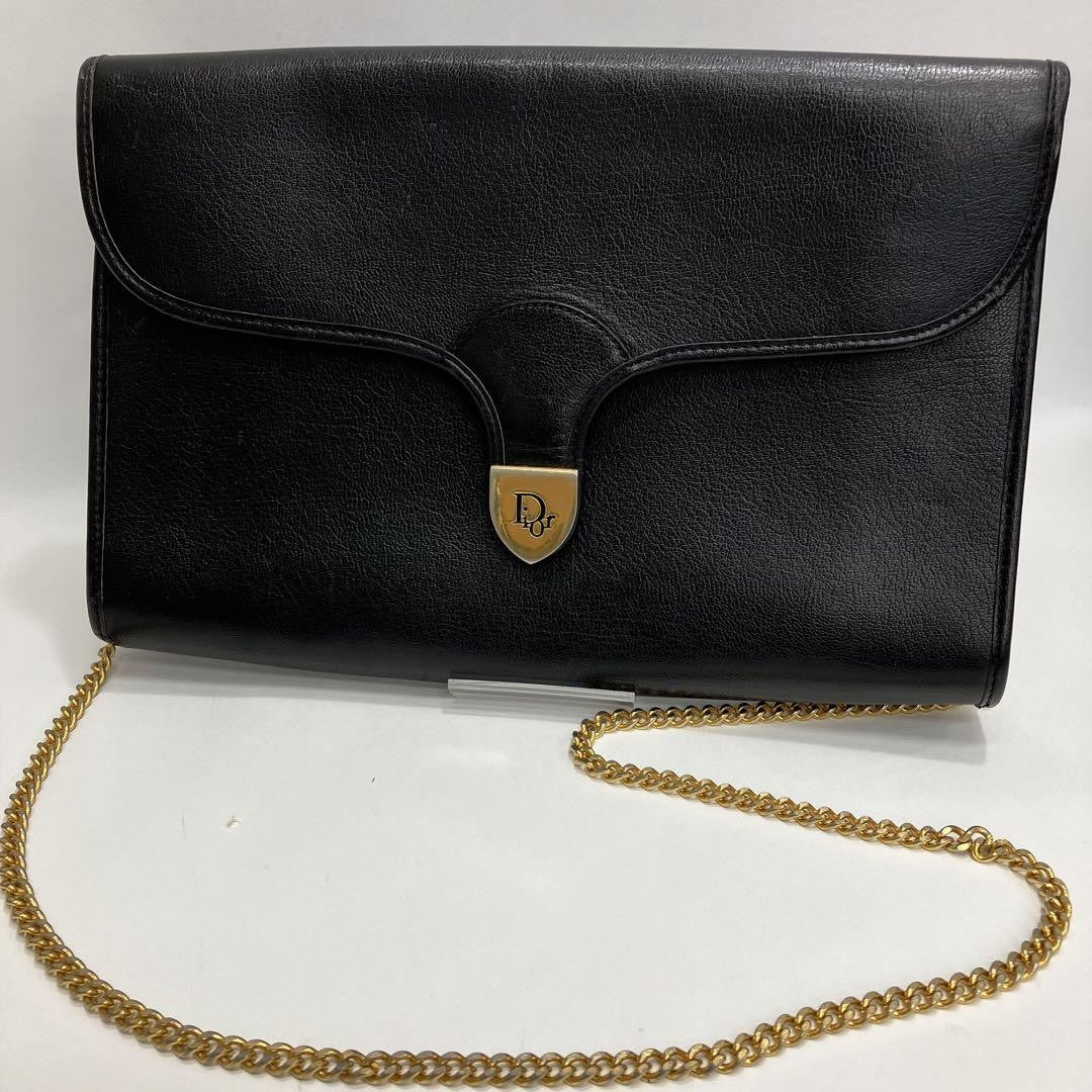 Christian Dior Shoulder Bag Purse Chain Logo Leather Black Authentic
