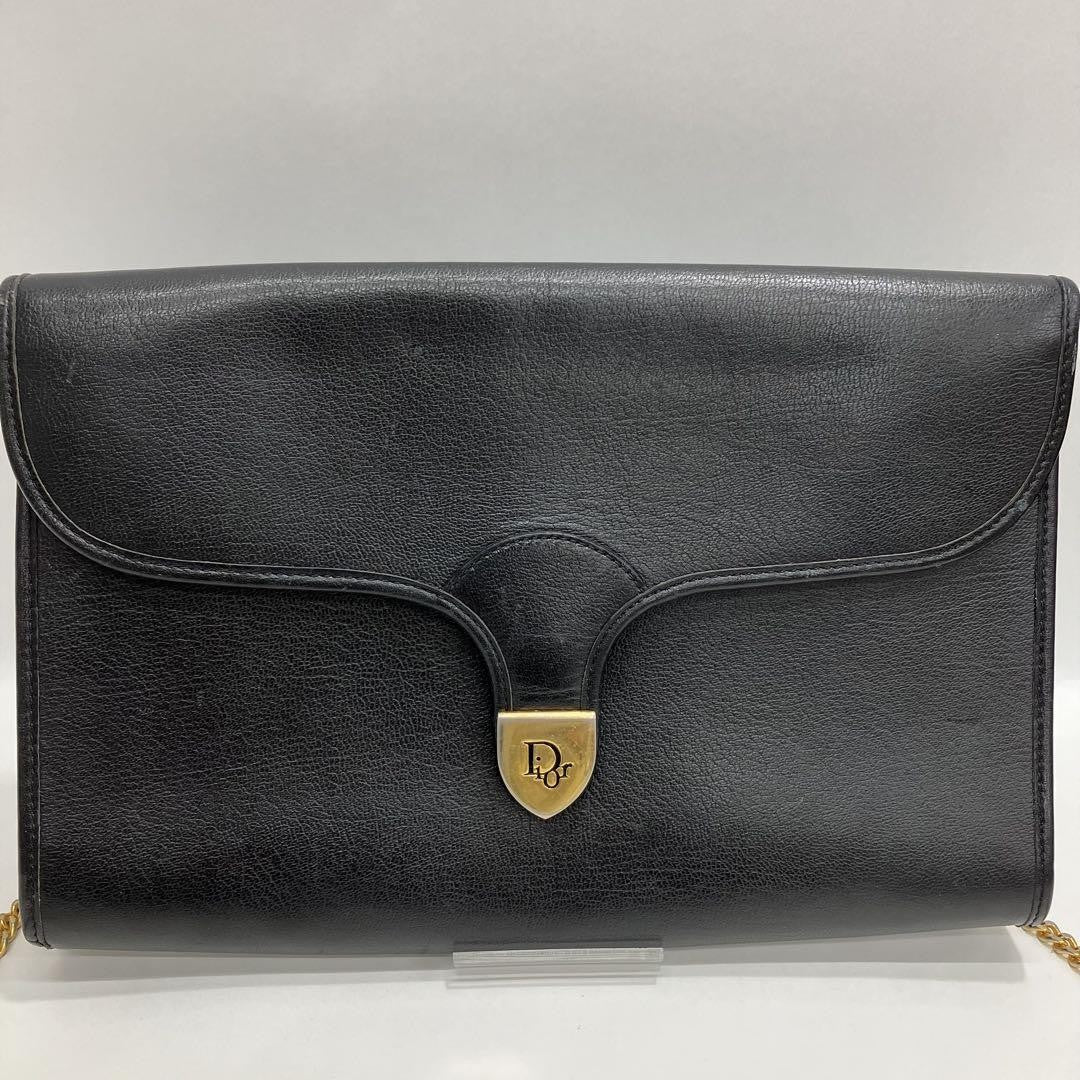 Christian Dior Shoulder Bag Purse Chain Logo Leather Black Authentic