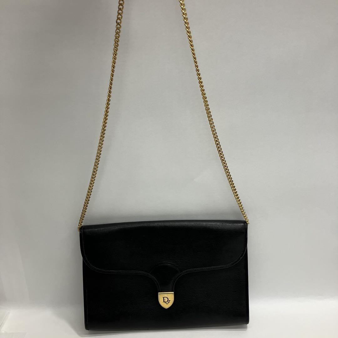 Christian Dior Shoulder Bag Purse Chain Logo Leather Black Authentic