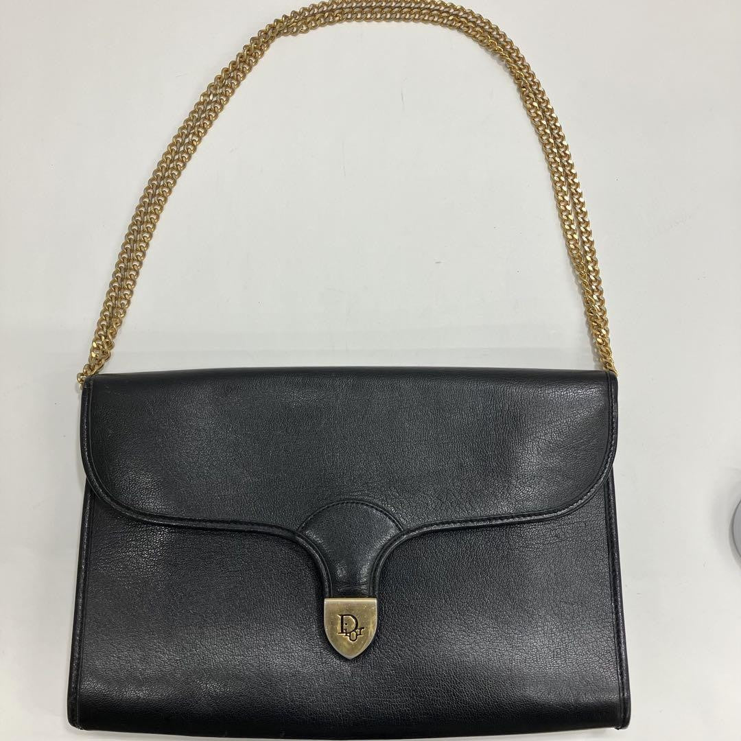 Christian Dior Shoulder Bag Purse Chain Logo Leather Black Authentic