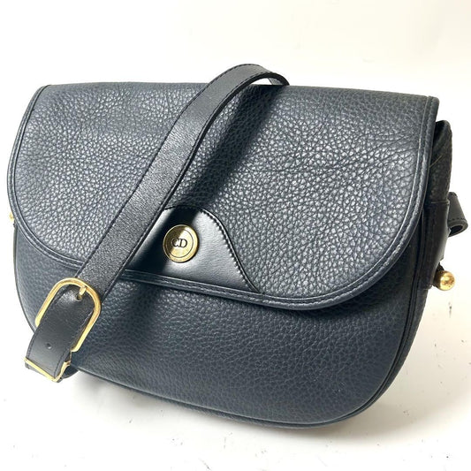 Christian Dior Shoulder Bag Purse CD Leather Dark Navy Authentic
