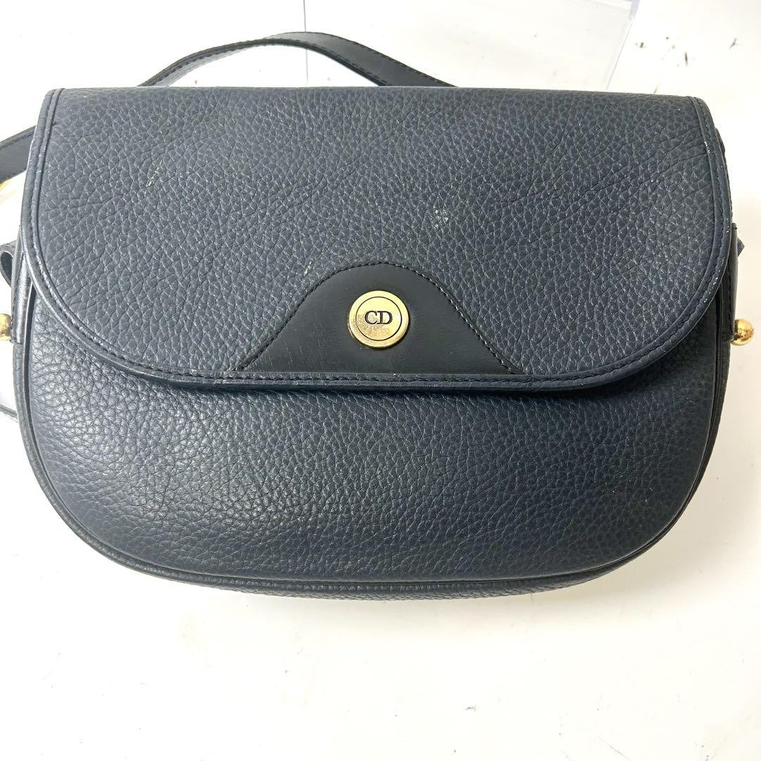 Christian Dior Shoulder Bag Purse CD Leather Dark Navy Authentic