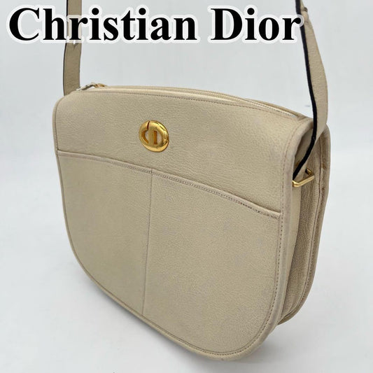 Christian Dior Shoulder Bag Purse CD Leather Off White White Authentic
