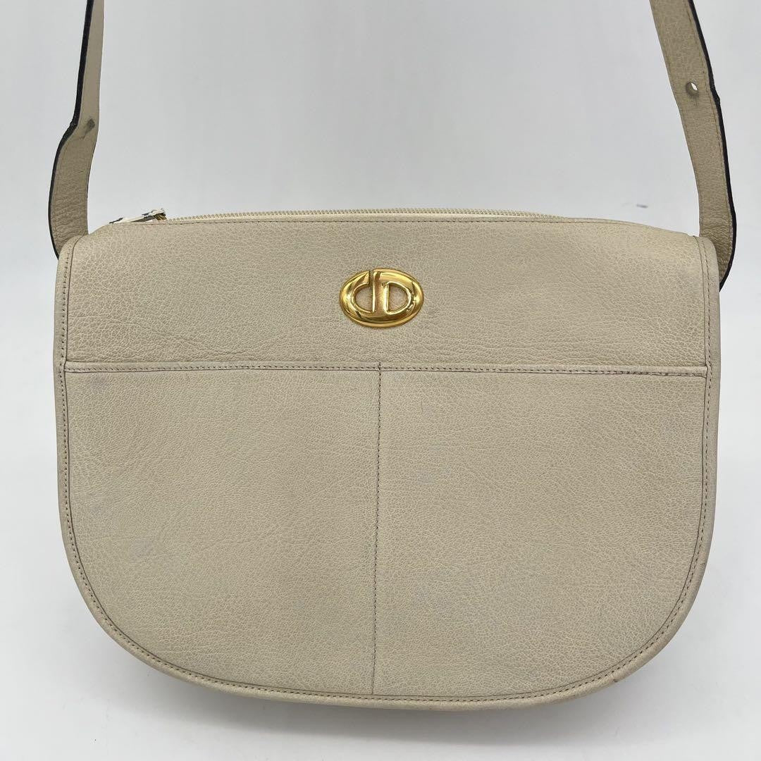 Christian Dior Shoulder Bag Purse CD Leather Off White White Authentic
