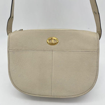Christian Dior Shoulder Bag Purse CD Leather Off White White Authentic