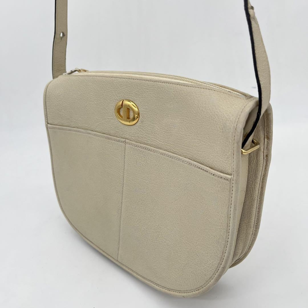Christian Dior Shoulder Bag Purse CD Leather Off White White Authentic