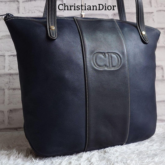 Christian Dior Hand Bag Tote Purse CD Leather Dark Navy Black Authentic