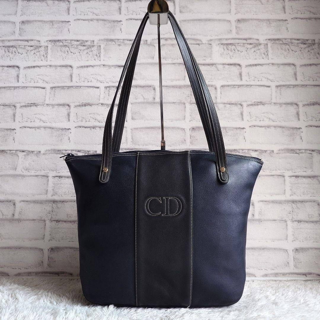 Christian Dior Hand Bag Tote Purse CD Leather Dark Navy Black Authentic