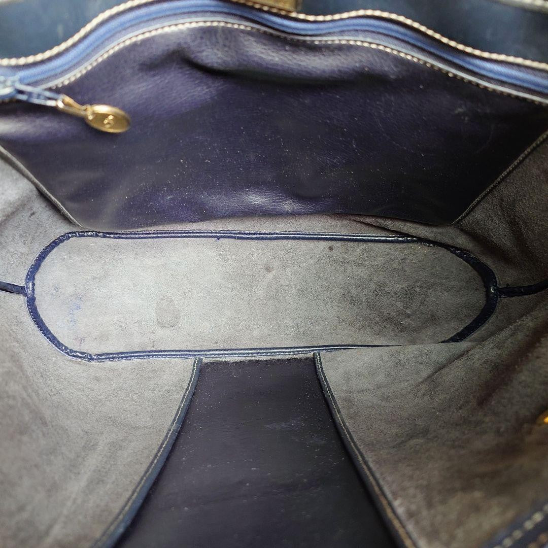 Christian Dior Hand Bag Tote Purse CD Leather Dark Navy Black Authentic