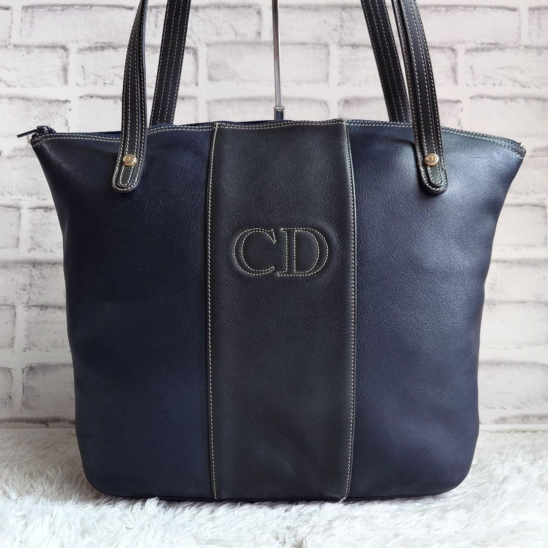 Christian Dior Hand Bag Tote Purse CD Leather Dark Navy Black Authentic