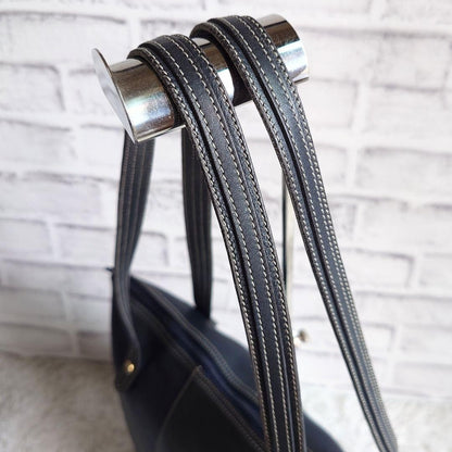 Christian Dior Hand Bag Tote Purse CD Leather Dark Navy Black Authentic