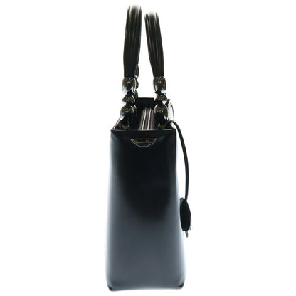 Christian Dior Hand Bag Tote Purse Logo Plate Leather Black Authentic