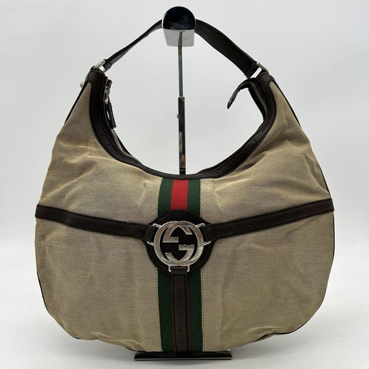GUCCI Shoulder Bag Purse Interlocking Sherry Line GG Canvas Leather Brown Beige