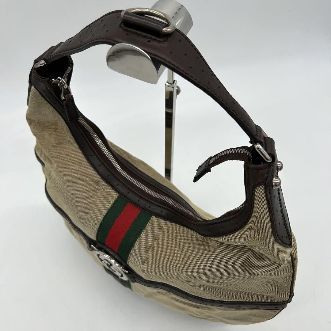 GUCCI Shoulder Bag Purse Interlocking Sherry Line GG Canvas Leather Brown Beige