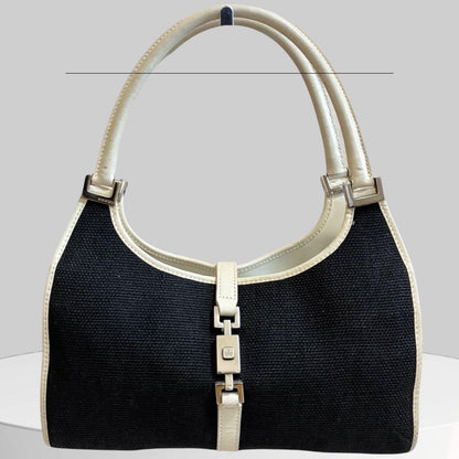 GUCCI Hand Bag Tote Purse Canvas Leather Black White Authentic
