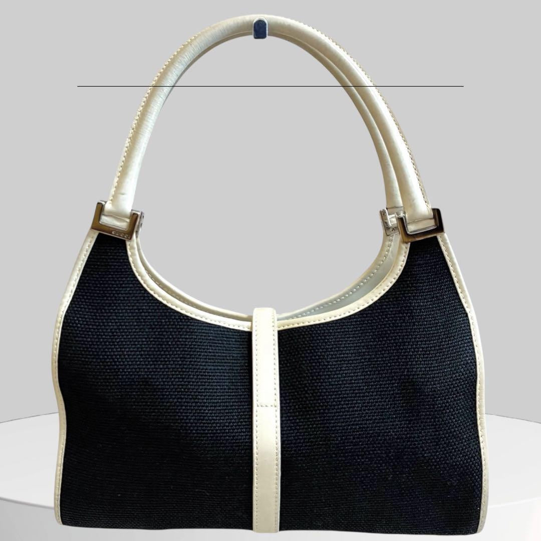 GUCCI Hand Bag Tote Purse Canvas Leather Black White Authentic
