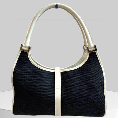 GUCCI Hand Bag Tote Purse Canvas Leather Black White Authentic