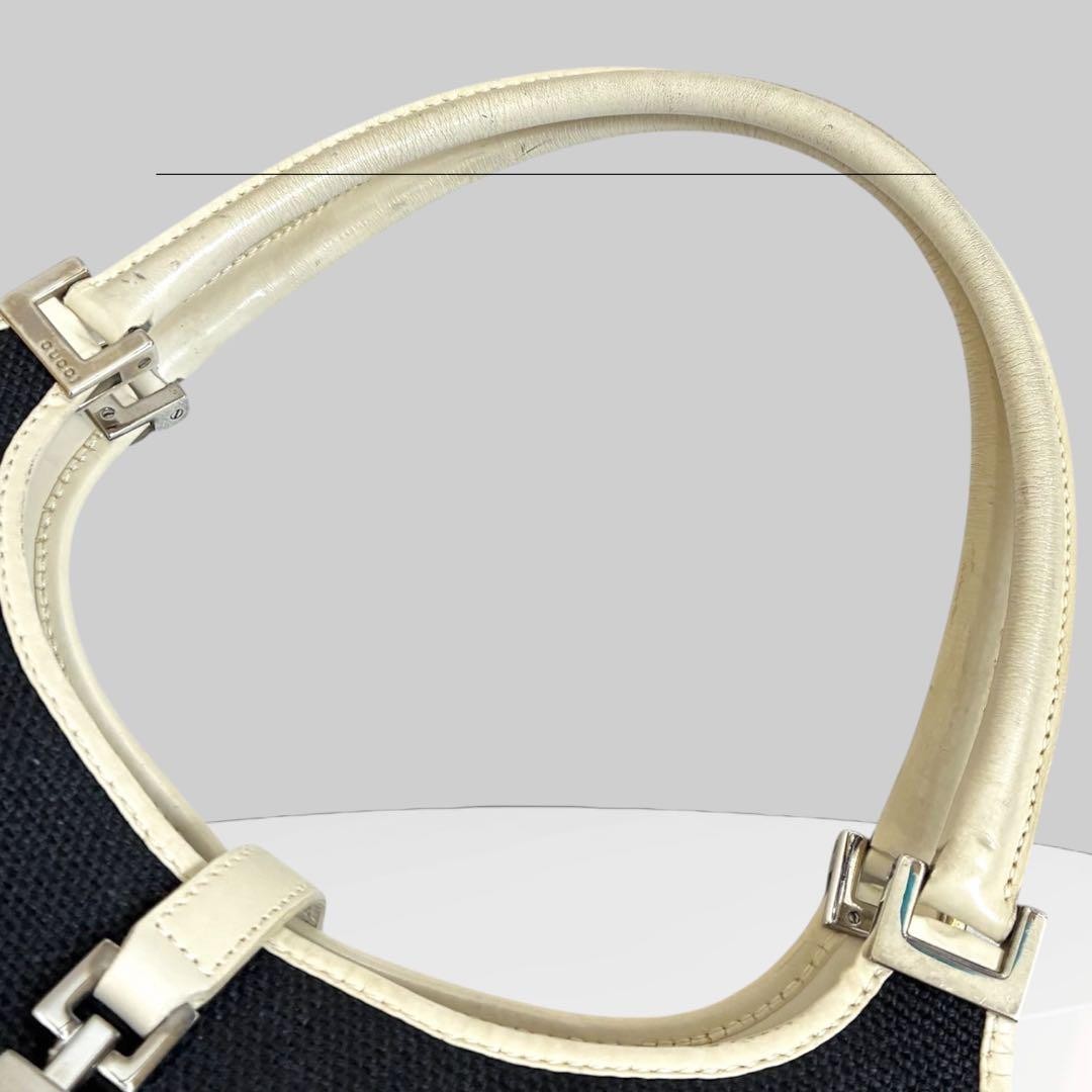 GUCCI Hand Bag Tote Purse Canvas Leather Black White Authentic