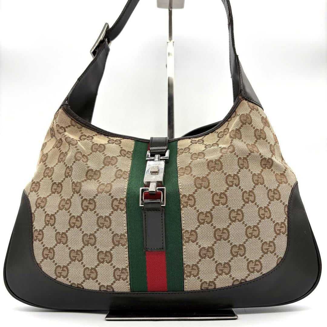 GUCCI Hand Bag Tote Purse Sherry Line GG Canvas Leather Beige Authentic