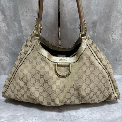 GUCCI Hand Bag Tote Purse GG Canvas Leather Brown Gold Authentic