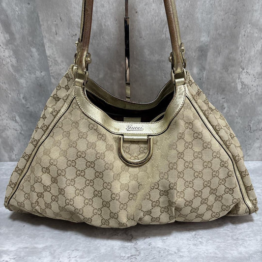 GUCCI Hand Bag Tote Purse GG Canvas Leather Brown Gold Authentic