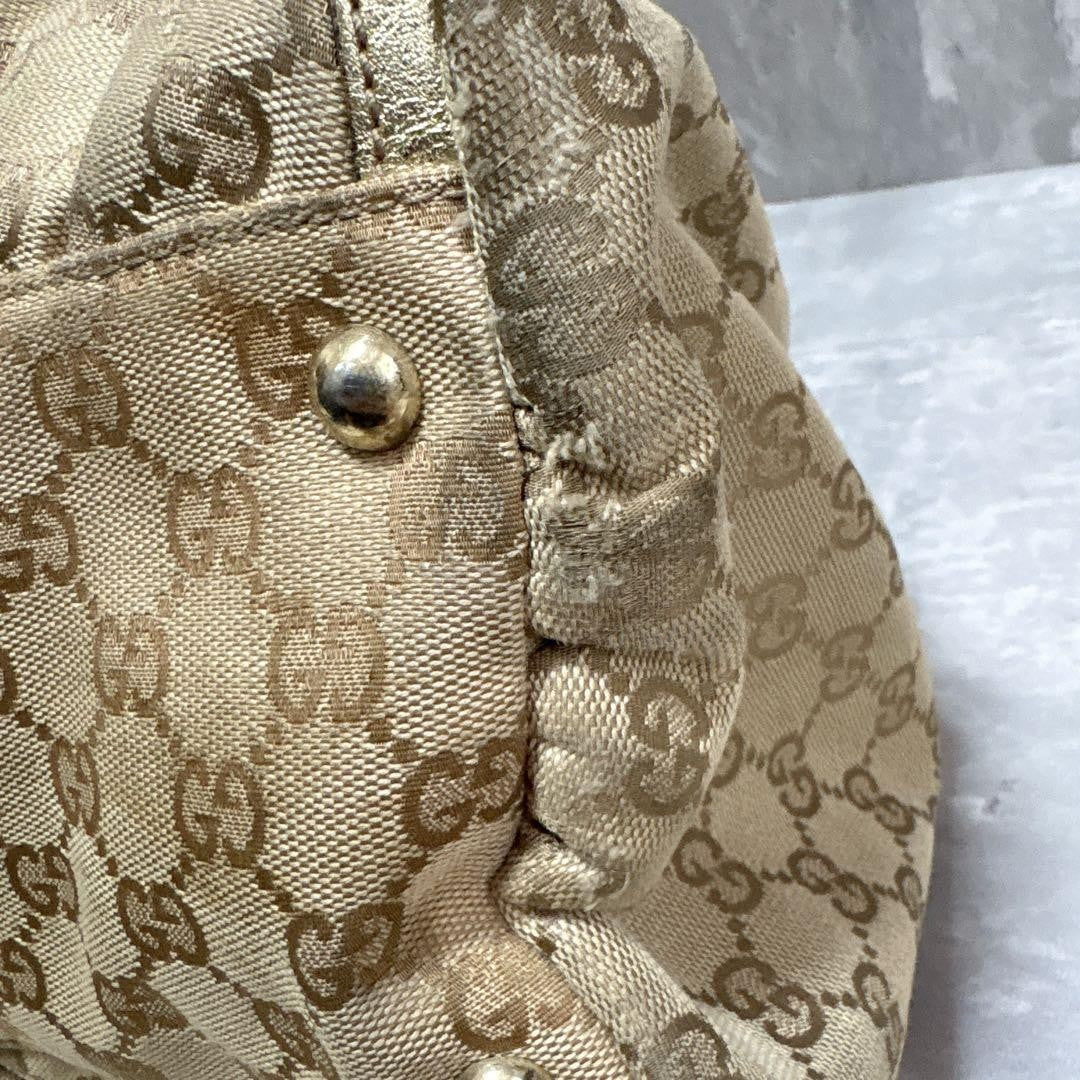 GUCCI Hand Bag Tote Purse GG Canvas Leather Brown Gold Authentic