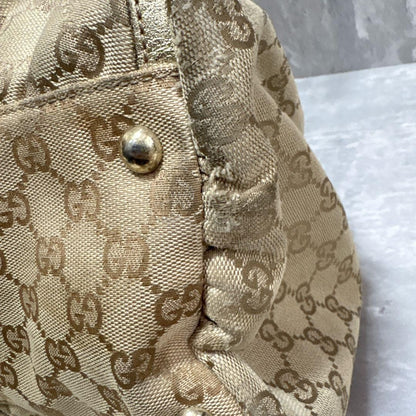 GUCCI Hand Bag Tote Purse GG Canvas Leather Brown Gold Authentic