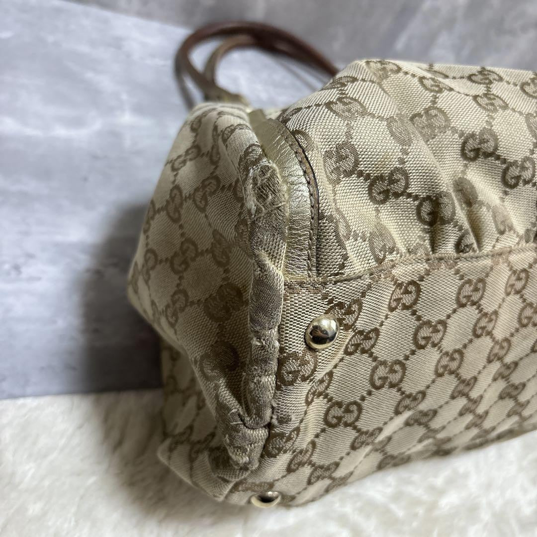 GUCCI Hand Bag Tote Purse GG Canvas Leather Brown Gold Authentic