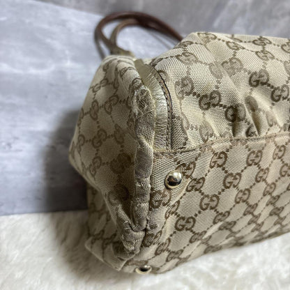 GUCCI Hand Bag Tote Purse GG Canvas Leather Brown Gold Authentic