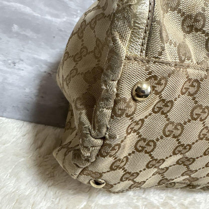 GUCCI Hand Bag Tote Purse GG Canvas Leather Brown Gold Authentic