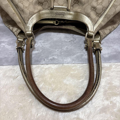 GUCCI Hand Bag Tote Purse GG Canvas Leather Brown Gold Authentic