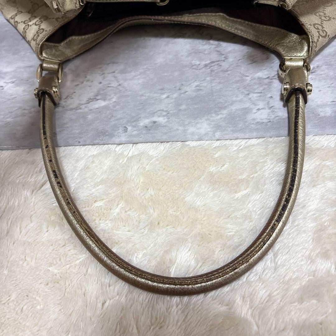 GUCCI Hand Bag Tote Purse GG Canvas Leather Brown Gold Authentic