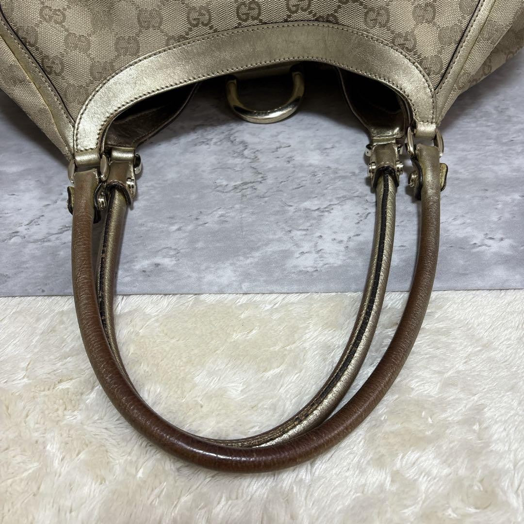 GUCCI Hand Bag Tote Purse GG Canvas Leather Brown Gold Authentic