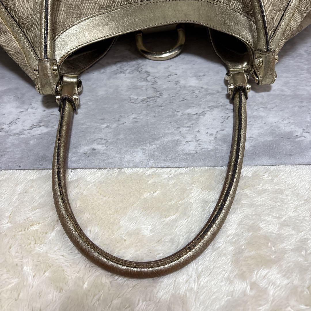 GUCCI Hand Bag Tote Purse GG Canvas Leather Brown Gold Authentic