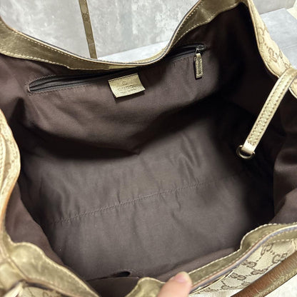 GUCCI Hand Bag Tote Purse GG Canvas Leather Brown Gold Authentic