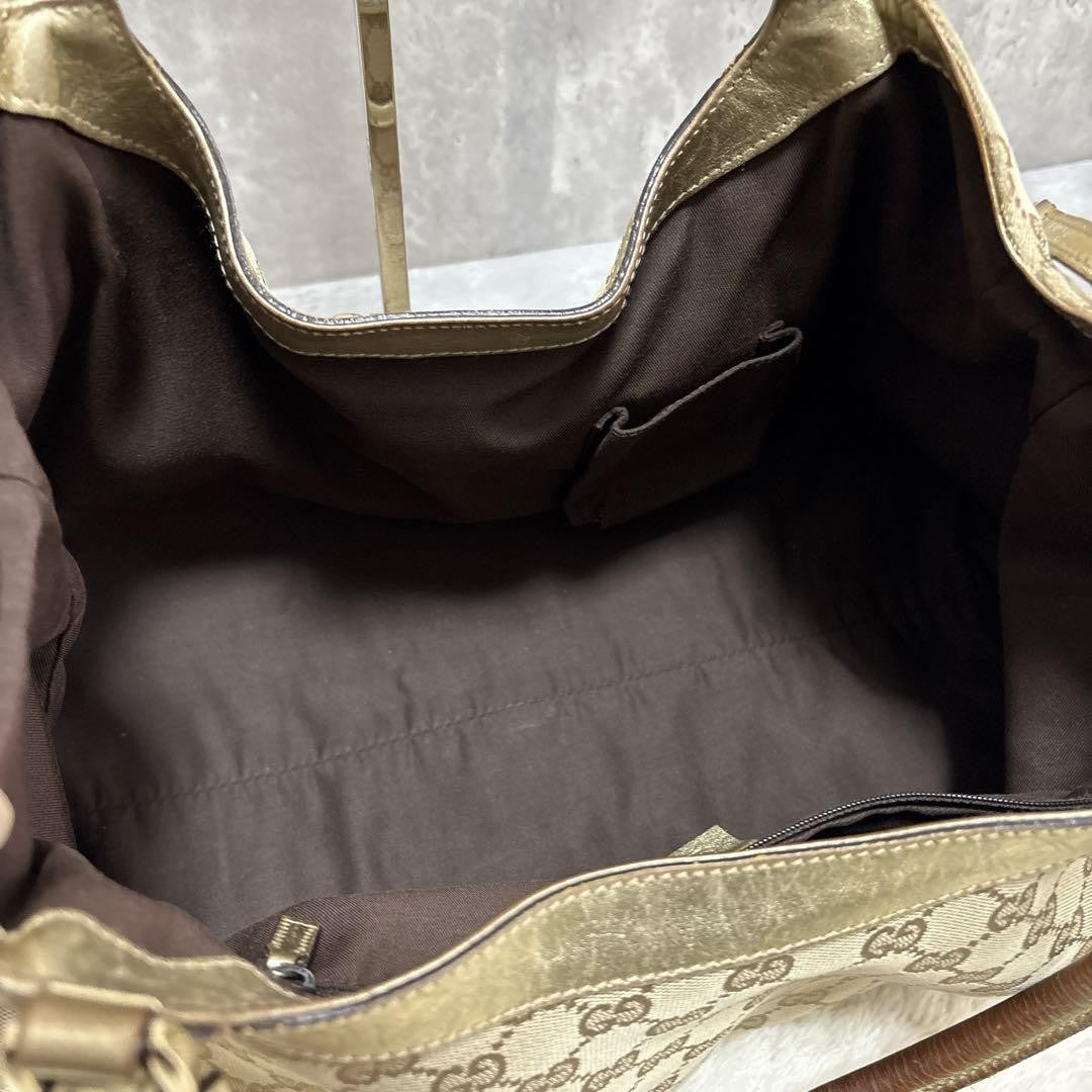 GUCCI Hand Bag Tote Purse GG Canvas Leather Brown Gold Authentic
